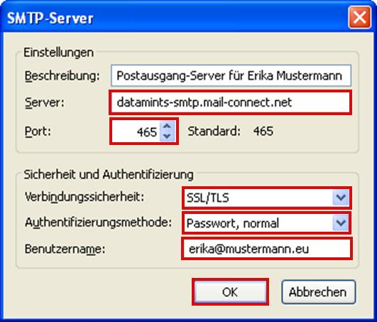 Im sich öffnenden Fenster SMTP-Server prüfen bzw. ändern Sie diese Einstellungen: 1. In das Feld Beschreibung können Sie eine beliebige Beschreibung für den Server eintragen 2.