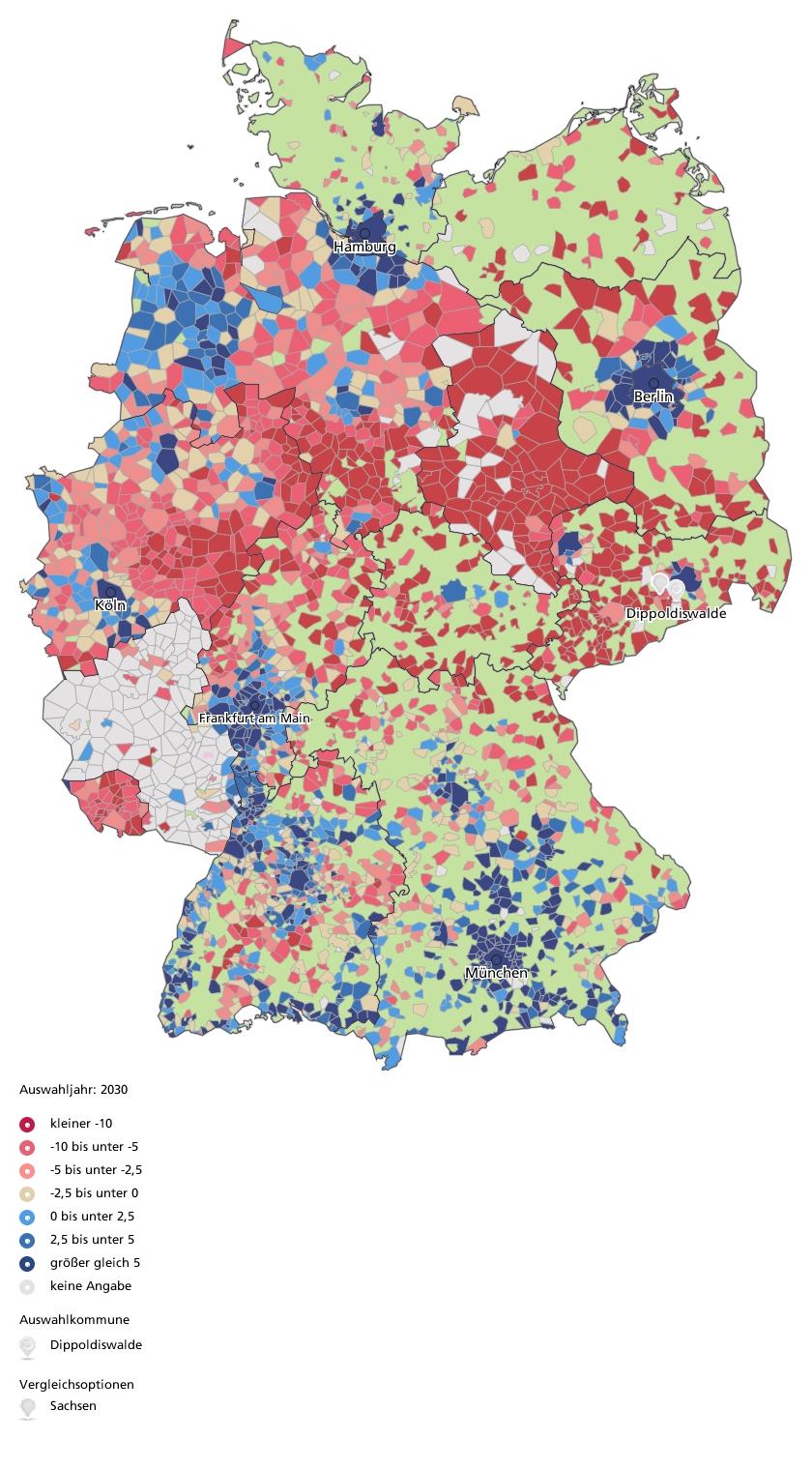 Bevölkerungsentwicklung 2012 bis 2030 (%) - Verteilung Quelle: Statistische Ämter der Länder, ies, Deenst GmbH,