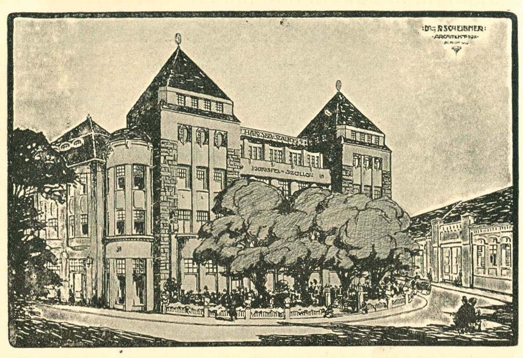 Foto archív autora Projekt exteriéru hotela Lipa. Vpravo hore je meno autora Dr. R. Scheibner: architekt 1911, Berlin. The design of the exterior of the Hotel Lipa.