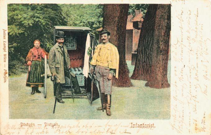 This postcard was printed by Július Lampl just after 1900. Die alte Holzbrücke über die Waag; auf dem anderen Flussufer die Kurkapelle und die Villa Lőger.