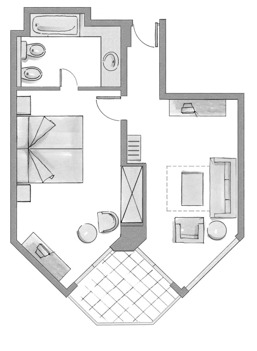 Wohnbeispiel Suite Typ1 Doppelzimmer Typ2 Doppelzimmer Typ2 (DZX2), Doppelzimmer im Hauptgebäude seitlicher