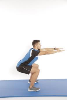 Kniebeugen Unterkörper: Oberschenkelmuskulatur, Gesässmuskulatur Schulterbreiter Stand, Knie beugen bis ungefähr zu einem rechten Winkel in den Kniegelenken, zurück zum Stand, Arme auf der Hüfte