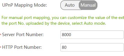 unterstützt der Router UPnP nicht, muss UPnP Mapping Mode auf Manuel umgestellt werden Unter Server Port Nummer kann der SDK-Port hinterlegt werden, hier der Standard-Port 8000 (muss der selbe Port