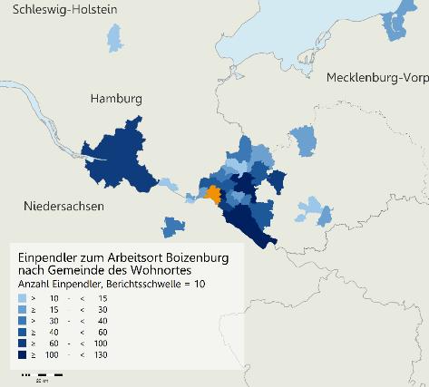 5. Arbeitsmarkt Einpendler in die Stadt Boizenburg 2014 Einpendler 2014: 1.662 2008: 1.730 Auspendler 2014: 2.947 2008: 1.662 Beschäftigte am Arbeitsort 2014: 3.
