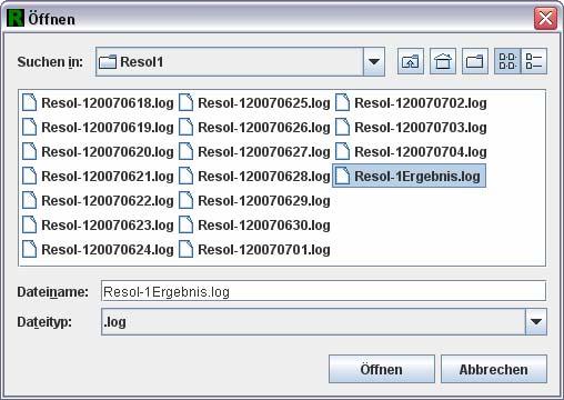 Im Zielverzeichnis sind folgende Dateien erstellt worden. Eine Ergebnisdatei mit den Tagesergebnissen und dem Namen *Ergebnis.log (mit * = bis zu 30-stelliges Anlagenkürzel, z. B. Resol-1Ergebnis.