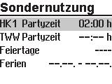 Bedienung 2.6 Sondernutzung einstellen 2.6.1 Partyzeit Für die Dauer der eingestellten Partyzeit wird der Nennbetrieb im entsprechenden Regelkreis (HK1, HK2 oder TWW) fortgesetzt bzw. eingeleitet.