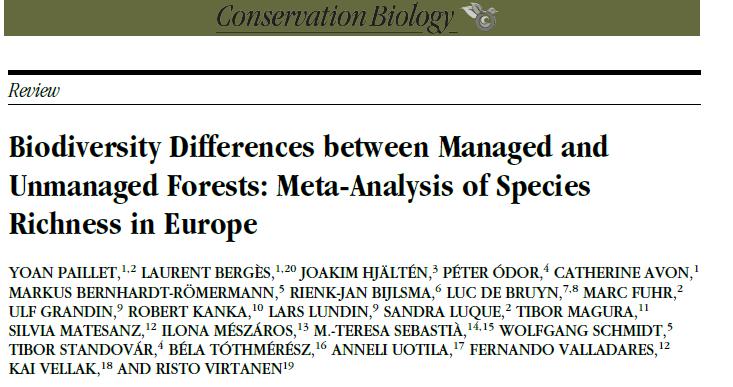Ungenutzte Wälder und Biodiversität: Artenzahlen Artenzahlen in ungenutzten Wäldern über ganz Europa etwas höher Vor allem in Gruppen, die altund totholzgebunden sind: Pilze, Flechten Moose,