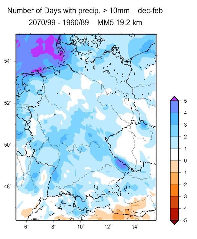 Klimaszenario für Mitteleuropa (MM5) Verteilung der täglichen Niederschlagssummen über Deutschland (Dez-Feb) Häufigkeitsverteilung der täglichen