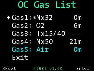 Hinweis OC Gas Setup Über Settings (Konfiguration) >Display Settings (Anzeige) > Logbook Offset (Logbuch Offset) können Sie Ihre tatsächliche Tauchgangszahl einstellen.