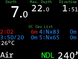 Hinweis Die aktuelle Gasliste wird sowohl im Oberflächenmodus als auch im Tauchmodus über die Custom View angezeigt (rechte Taste).