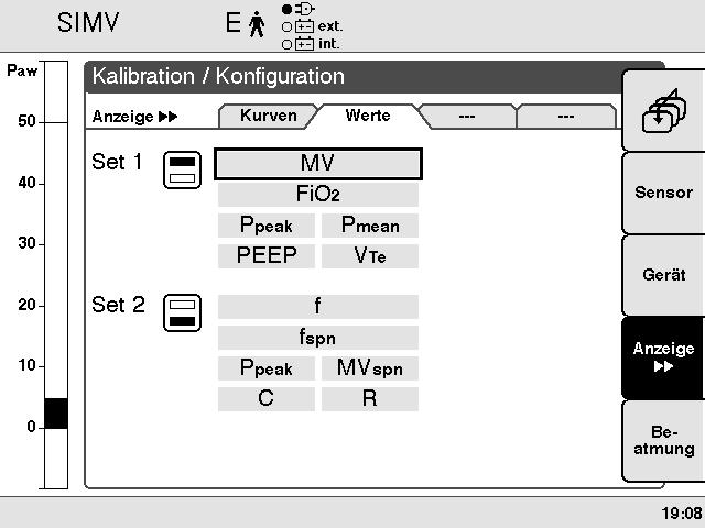 Bildschirm Angezeigte Meßwerte kombinieren Evita 2 dura zeigt auf der Hauptseite im rechten Feld eine Gruppe von 6 wählbaren Meßwerten an.