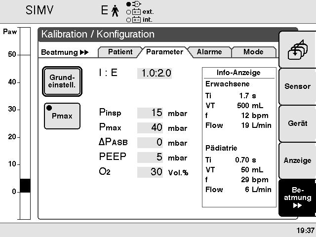 Patienten-spezifische Startwerte VT, f: Patientenmodus Werkseitig eingestellt Atemvolumen VT ml Startwerte für Beatmungsparameter Zum Festlegen der nicht Patienten-spezifischen Beatmungsparameter und