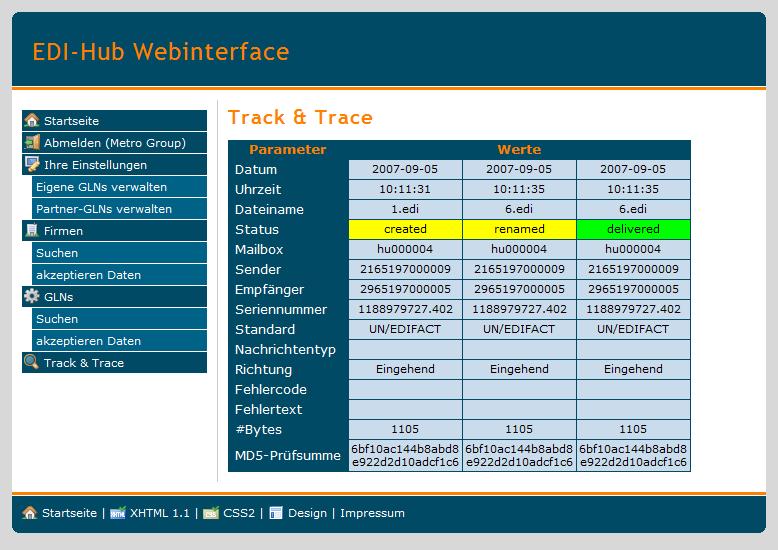 Das Webinterface: EDI Tracking & Tracing, Detailsicht Namen und GLNs fiktiv /