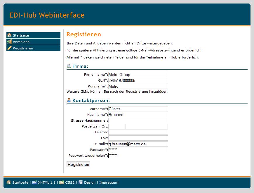 Das Webinterface: Anmeldung / Registrierung Namen und GLNs fiktiv / nur zur Illustration E-Mail-Adresse steht anderen