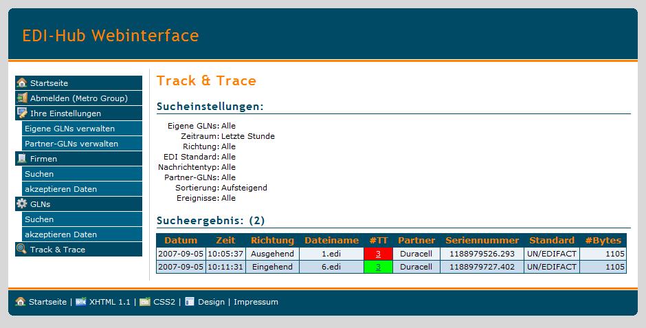 Das Webinterface: EDI Tracking & Tracing, Übersicht Statusindikator Namen und GLNs