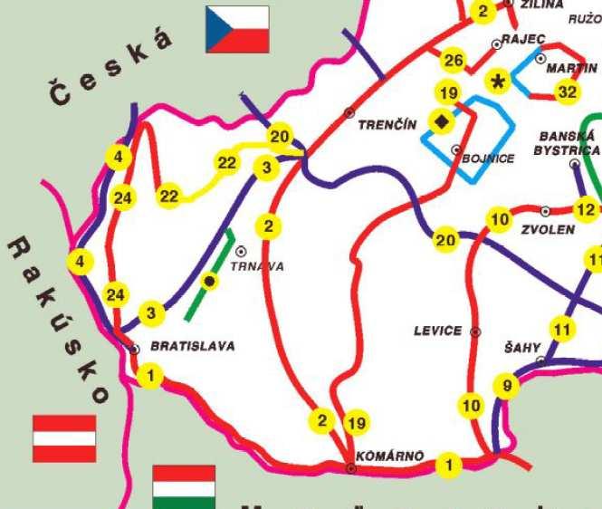 Mapa č. 4 - Sieť plánovaných cyklomagistrál na Slovensko Zdroj: www.cykloklub.sk Regionálna sieť cyklotrás doplňuje medzinárodné a národné cyklomagistrály (značené červenou farbou).