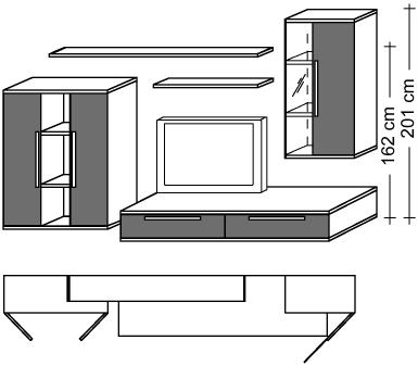 cm H: 0 cm x Highboard -trg. und offenem Fach x mit Schubkästen x Hängeschrank -trg. x Wandbord x Wandbord Diese Wohnwand gibt es nur in der Ausführung / Weiß Hochglanz.