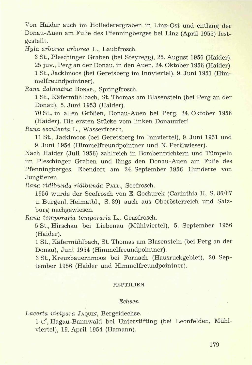 Von Haider auch im Hollederergraben in Linz-Ost und entlang der Donau-Auen am Fuße des Pfenningberges bei Linz (April 1955) festgestellt. Hyla arborea arborea L., Laubfrosch. 3 St.