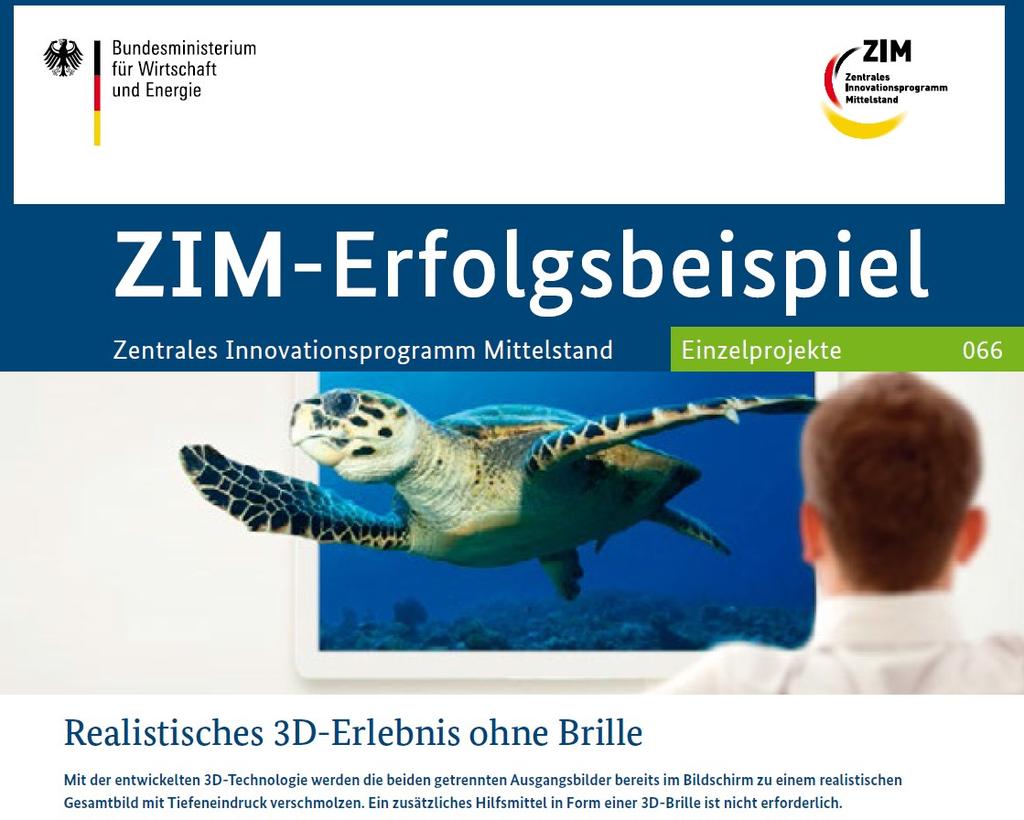 Erfolgsbeispiele: Einzelprojekte SeeFront GmbH, Hamburg: 7 Mitarbeiter, 5 davon im FuE Bereich Kundenspezifische 3D- Display-Lösungen Projektlaufzeit: 04/12 bis 12/13 Entwicklung durch ZIM: