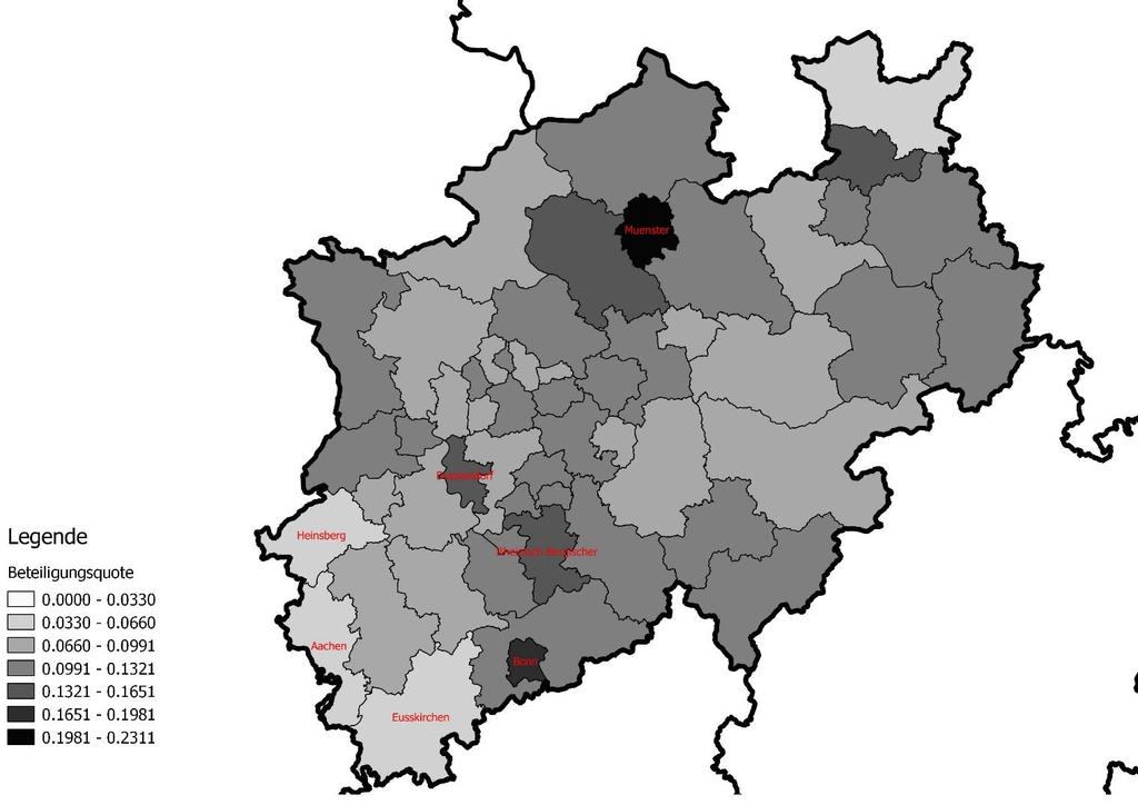 Weiterbildungsteilnahme auf Kreisebene in NRW 2012/2013 (Quelle: Statistisches Bundesamt, Mikrozensus.