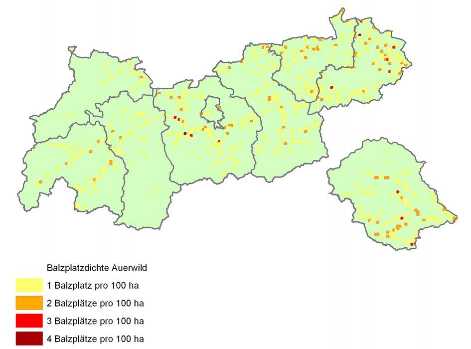 Die Bezirke Innsbruck Stadt, Imst und Reutte haben mit etwa 96% anteilsmäßig mehr Rasterquadrate mit nur einem Balzplatz in ihrem Bezirk als die restlichen Bezirke.