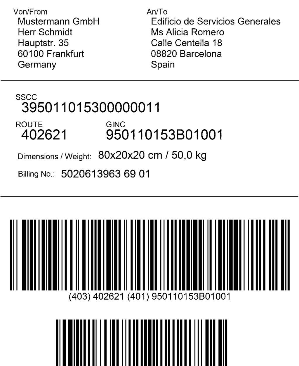 Dieses Beispiel zeigt ein Etikett, das ausschließlich einen SSCC enthält.