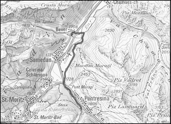 8 6 Pontresina Bever Einen besonderen Augenschmaus bietet die von Pontresina dem Fluss Flaz entlang bis nach Bever.