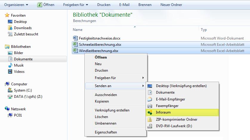 Dateien direkt aus dem Windows-Explorer einfügen Neben dem Dateimanager besteht auch die Möglichkeit, Dokumente direkt aus dem Windows Explorer an InfoRAUM zu schicken.