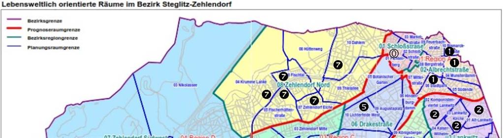 Ausgewählte Planungsräume des Bezirks Steglitz-Zehlendorf mit überdurchschnittlich vielen Demenzkranken und/oder hohem Anteil an der Gesamtbevölkerung und/oder über 60-jährigen Bevölkerung