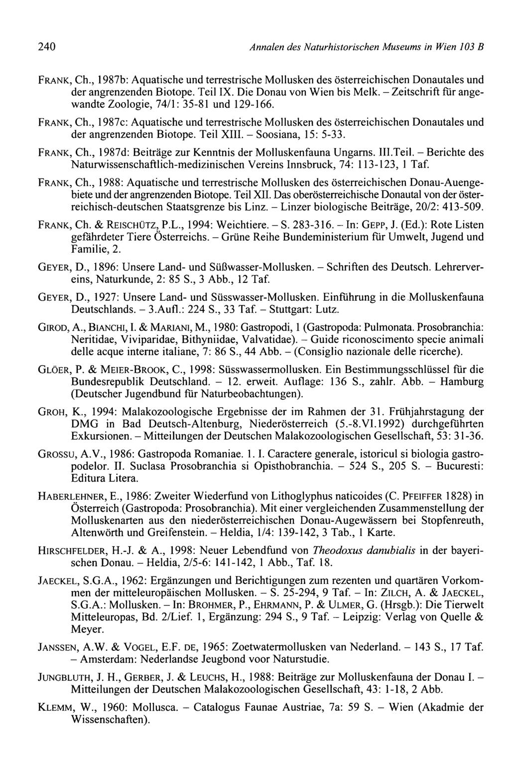 240 Annalen des Naturhistorischen Museums in Wien 103 B FRANK, Ch., 1987b: Aquatische und terrestrische Mollusken des österreichischen Donautales und der angrenzenden Biotope. Teil IX.