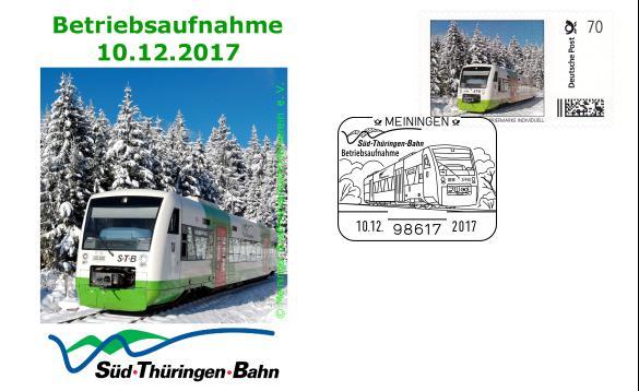 2017 Betriebsaufnahme in Meiningen 3,00 an Ihre Adresse 3,50 1,10 Souvenirumschlag STB mit Briefmarke Individuell Abbildung STB