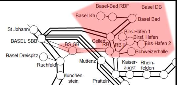 4.2.1.96. Güterverkehr: Raum Basel Dieses Kapitel umfasst den folgenden, eingefärbten geografischen Bereich.
