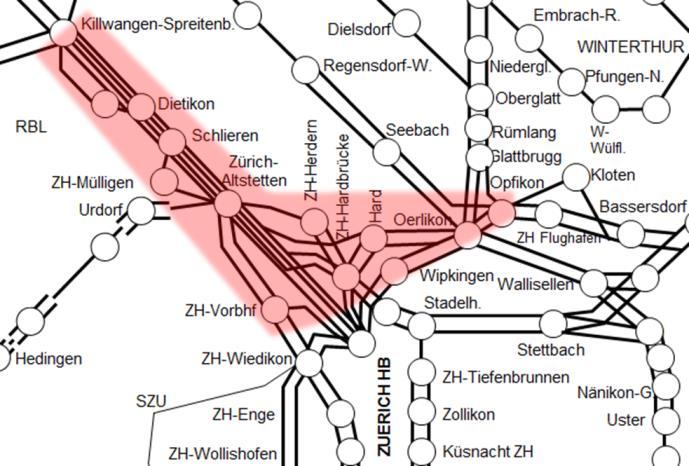 4.2.1.97. Güterverkehr: Raum Zürich Dieses Kapitel umfasst den folgenden, eingefärbten geografischen Bereich.