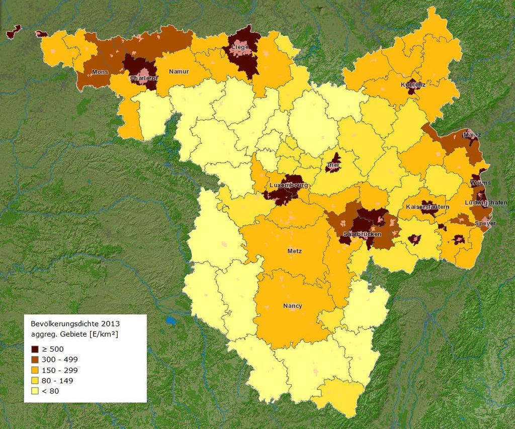 Bevölkerungsdichte in aggregierten Gebieten der Großregion SaarLorLux 2013.