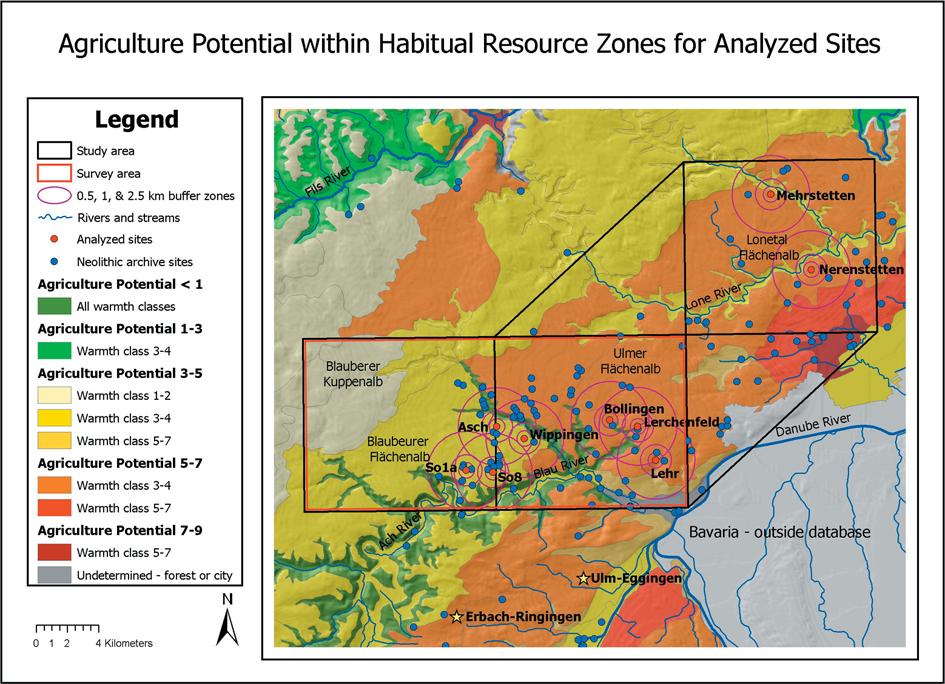 Seite 4 Fig. 6: Agricultural potential within habitual resource zones for the analyzed sites. Lower numbers refer to lower agricultural potential and temperatures.