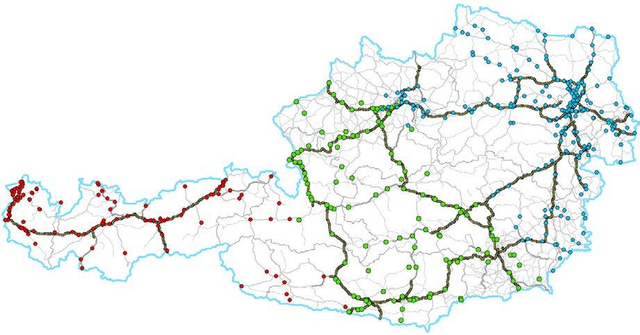 Abbildung 4: Den Regionen Westösterreich, Tauern/Pyhrn und Ostösterreich zugeordnete Die Darstellung zeigt, dass die für die Berechnung der Verkehrsentwicklung verwendbaren nicht ganz gleichmäßig