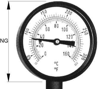 Bimetall Zeigerthermometer, Anschluss vertikal, mit Gewinde 1000 Bl. 6.0 Standardausführung Gehäuse NG 63, NG 80, NG 100 siehe Industrieausführung Gehäuse, Stahl schwarz Kl.