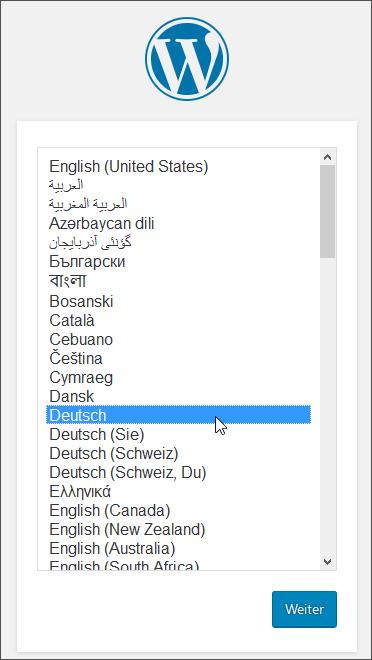 Abbildung: Sprachauswahl für Ihre WordPress-Installation Hinweis: Wenn Sie das deutschsprachige WordPress-Paket installieren