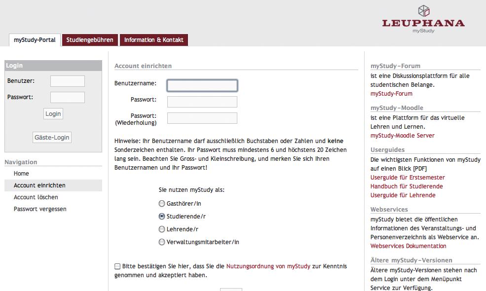 Ihr mystudy-account mystudy ist die webbasierte Plattform der Leuphana Universität Lüneburg zur Unterstützung und Organisation der Präsenzlehre.