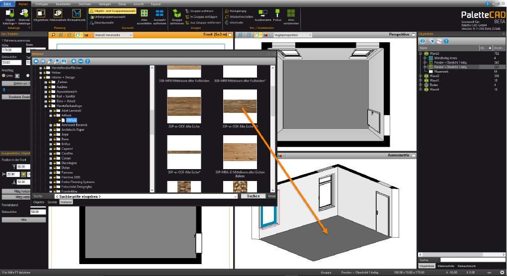 In unserem Beispiel wird folgendes Material verwendet: Interior +Design» Herstelleroberflächen» Altholz» Altholz» 3SP-ei-OOF Alte Eiche 3D Alternativ: Ausbauen +