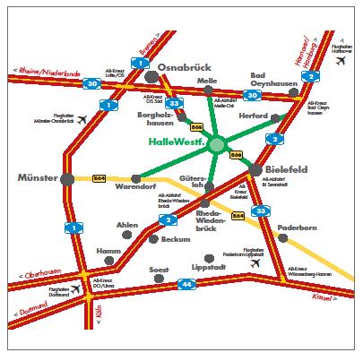 ANFAHRT: Verkehrsgünstig gelegen zwischen den Städten Bielefeld und Gütersloh erreichen Sie Halle/Westfalen über die Bundesstraße B 68 und die Landesstraße L 782 sowie die Autobahnen A 1, A 2, A 30