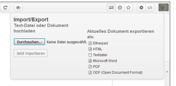 Im Etherpad selber können verschiedene Einstellungen zum Dokument vorgenommen werden.