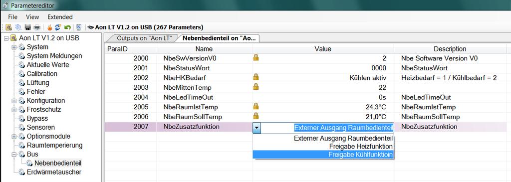 Mit den Tasten eins und null kann je nach Parametrisierung am Parameter 007 die Kühl- oder Heizfunktion oder ein externer Ausgang aktiviert oder deaktiviert werden, die Leuchtdiode zwischen den