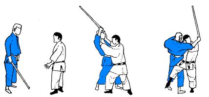 Gruppe 4 (Jyo no bawai): Drei Techniken zur Abwehr von Stockschlägen. 1. Furi age: Ausholen mit dem Stock Uke: Holt mit dem Stock aus (Kiai).