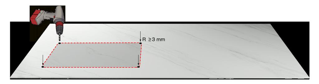 3. HERSTELLEN VON AUSSCHNITTEN Um die Winkel vor dem Ausschneiden eines Lochs herzustellen, müssen zunächst alle Ecken desselben mit einem Bohrer mit Radio >3 mm durchbohrt werden.