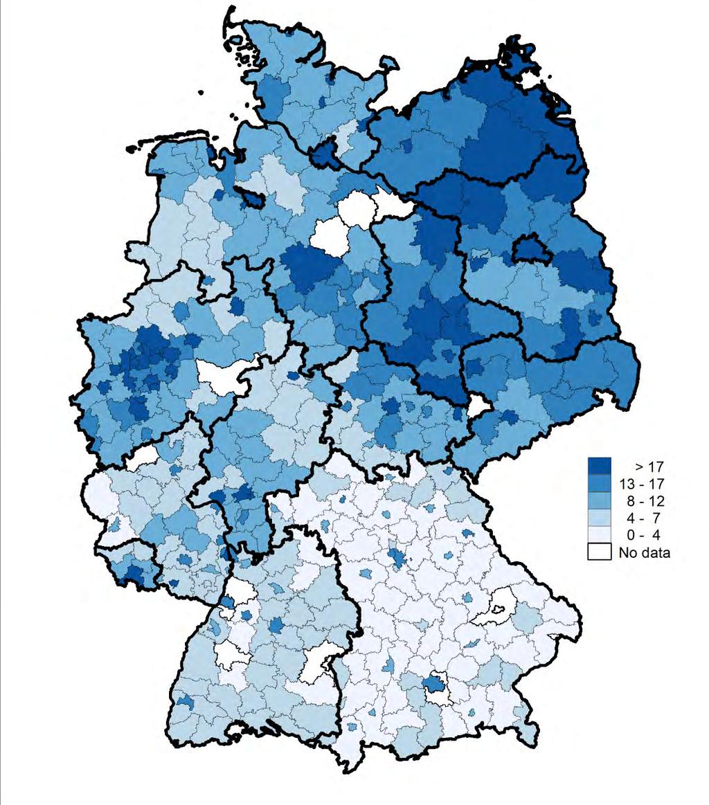 Finanzwissenschaftliches Forschungsinstitut an der Universität zu Köln Abbildung 27: Durchschnittliche Höhe der Leistungen für Unterkunft und Heizung in Euro je Einwohner (Dezember 2011) Quelle: