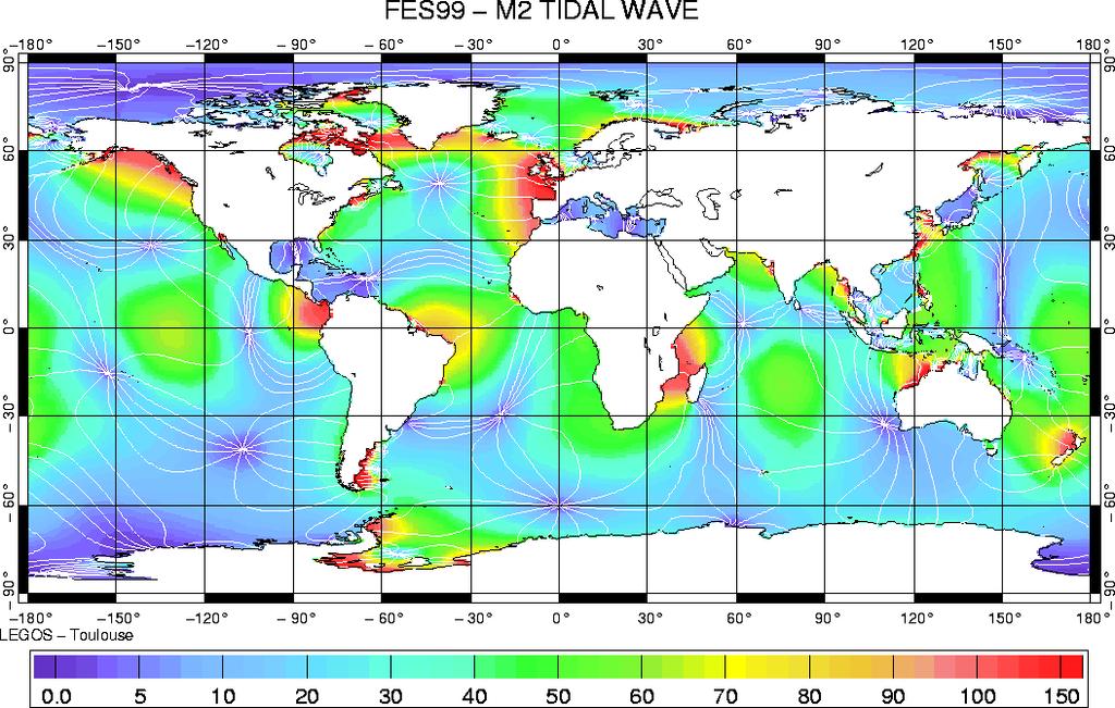 Globale Variation der Gezeiten-Amplituden auf dem offenen Ozean nahe der