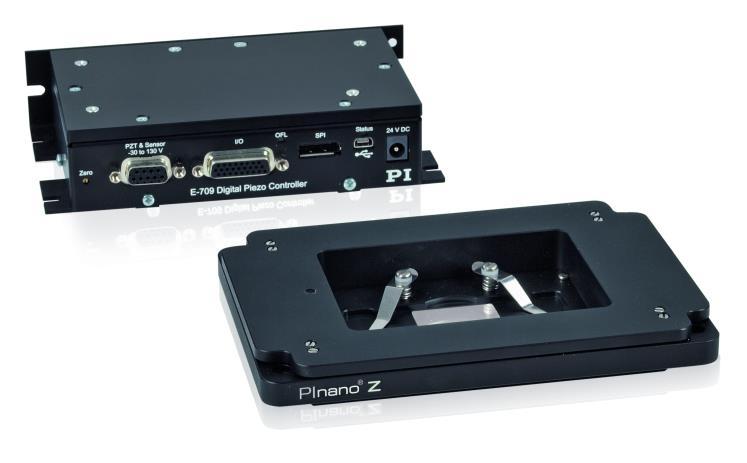 PInano Z-Mikroskopiescanner Preisgünstig, mit flachem Profil P-736 Einschwingzeit bis 5 ms Niedrige Bauhöhe von 20 mm für einfache Integration Stellweg 100 µm oder 200 µm Freie Apertur 93 mm 65 mm