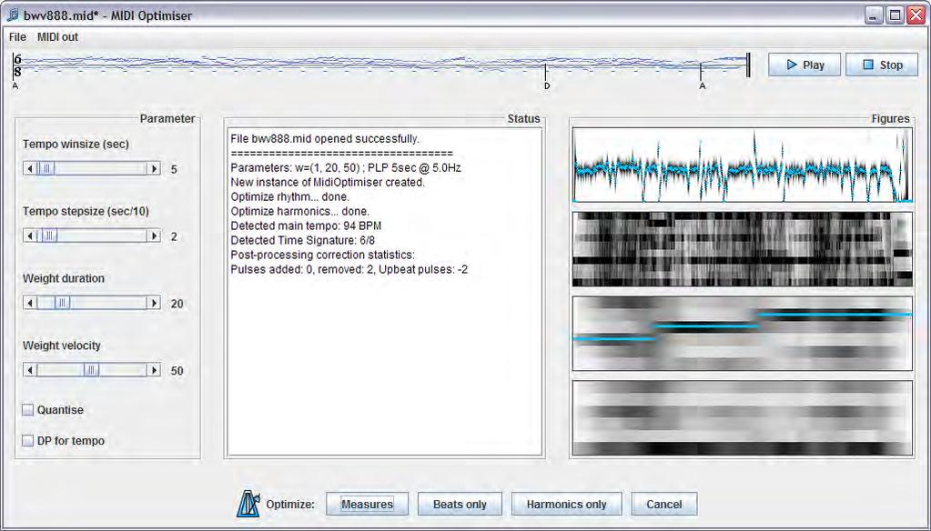 5. Ermittlung rhythmischer Informationen in MIDI-Dateien Abbildung 5.11.: Java-Benutzerschnittstelle»MidiOptimizer«mit geöffneter MIDI-Datei (BWV 888).