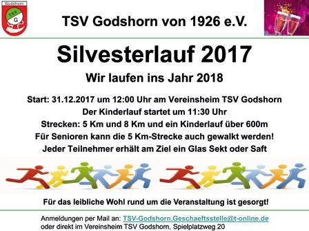 Fußball Spartenleiter: Wolfgang Krause Silvesterlauf 2017 Auch in diesem Jahr veranstaltet der TSV Godshorn wieder einen Silvesterlauf. Wenn am 31.12.